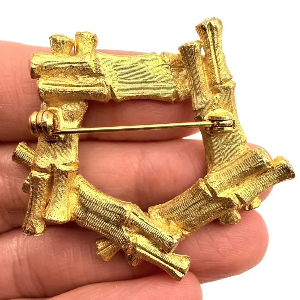Vintage Mid Century Modern Brooch Pin Bamboo Jadeite Jade Pentagon Textured Rare